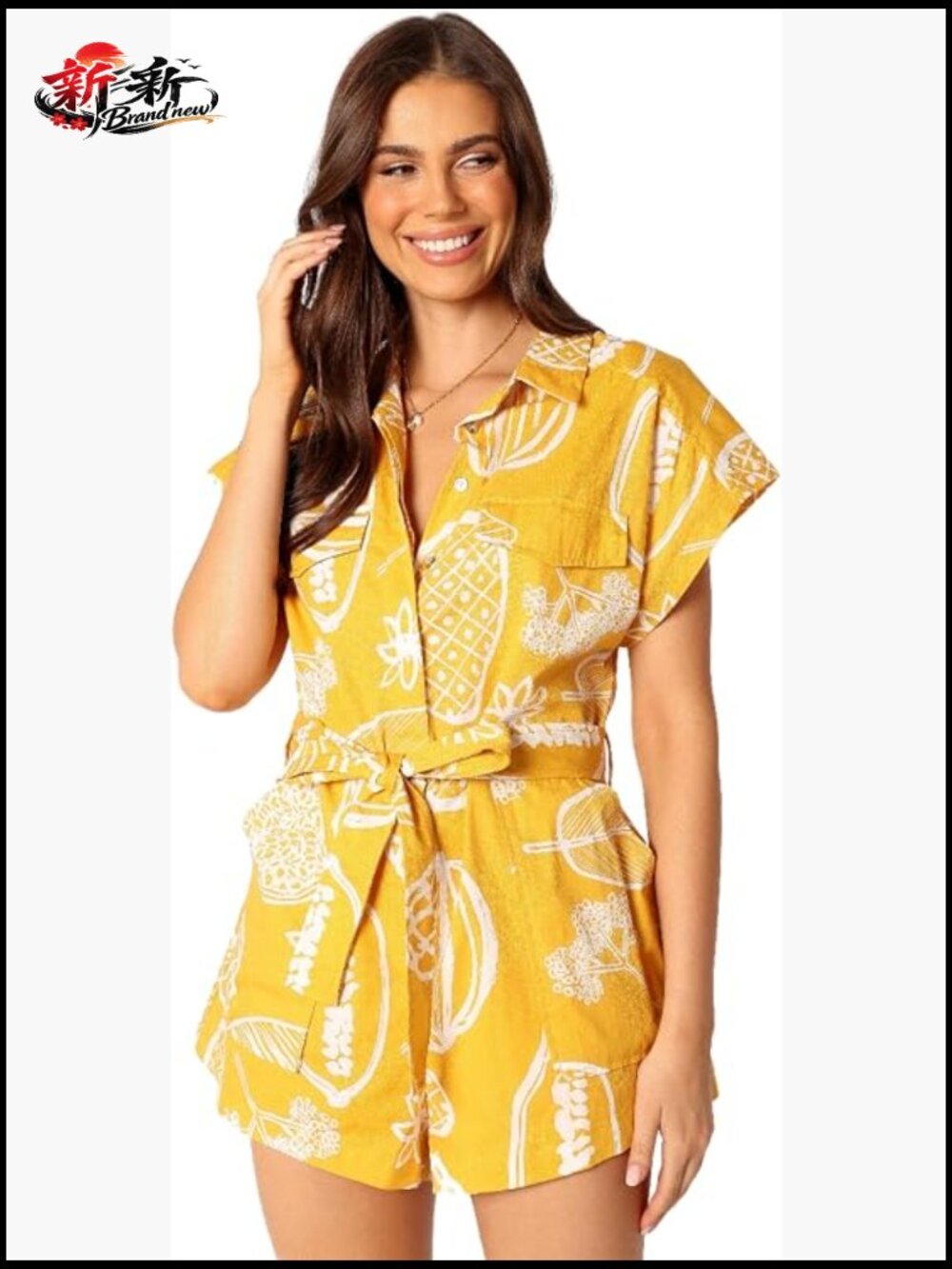 Cotton Linen Romper with V-Neck and Button Front